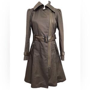 Mackage Stylish Brown Trench Coat With Belt Leather Trim Size Medium